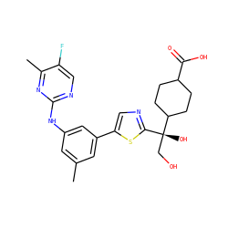 Cc1cc(Nc2ncc(F)c(C)n2)cc(-c2cnc([C@@](O)(CO)C3CCC(C(=O)O)CC3)s2)c1 ZINC000144619566