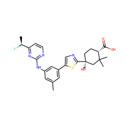 Cc1cc(Nc2nccc([C@H](C)F)n2)cc(-c2cnc([C@@]3(O)CC[C@H](C(=O)O)C(C)(C)C3)s2)c1 ZINC000072315496