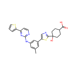 Cc1cc(Nc2nccc(-c3cccs3)n2)cc(-c2cnc(C3(O)CCC(C(=O)O)CC3)s2)c1 ZINC000117797912