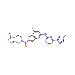 Cc1cc(Nc2nccc(-c3cn(C)cn3)n2)cc2cc(C(=O)N3CCn4c(cnc4C)C3)[nH]c12 ZINC000222327186