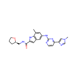 Cc1cc(Nc2nccc(-c3cn(C)cn3)n2)cc2cc(C(=O)NC[C@H]3CCCO3)[nH]c12 ZINC000222326056