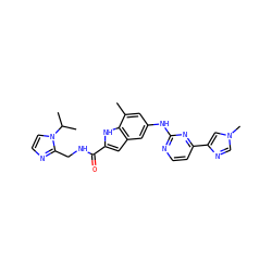 Cc1cc(Nc2nccc(-c3cn(C)cn3)n2)cc2cc(C(=O)NCc3nccn3C(C)C)[nH]c12 ZINC000222326301