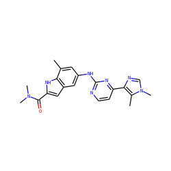 Cc1cc(Nc2nccc(-c3ncn(C)c3C)n2)cc2cc(C(=O)N(C)C)[nH]c12 ZINC000205649990