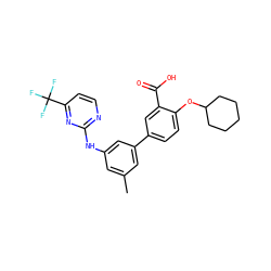 Cc1cc(Nc2nccc(C(F)(F)F)n2)cc(-c2ccc(OC3CCCCC3)c(C(=O)O)c2)c1 ZINC000145307245