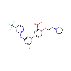 Cc1cc(Nc2nccc(C(F)(F)F)n2)cc(-c2ccc(OCCN3CCCC3)c(C(=O)O)c2)c1 ZINC001772647115