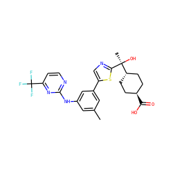 Cc1cc(Nc2nccc(C(F)(F)F)n2)cc(-c2cnc([C@@](C)(O)[C@H]3CC[C@H](C(=O)O)CC3)s2)c1 ZINC001772610237