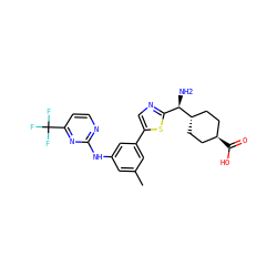 Cc1cc(Nc2nccc(C(F)(F)F)n2)cc(-c2cnc([C@@H](N)[C@H]3CC[C@H](C(=O)O)CC3)s2)c1 ZINC001772616834