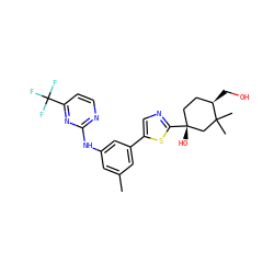 Cc1cc(Nc2nccc(C(F)(F)F)n2)cc(-c2cnc([C@]3(O)CC[C@@H](CO)C(C)(C)C3)s2)c1 ZINC000141376099