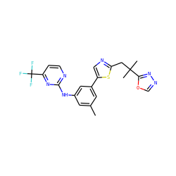 Cc1cc(Nc2nccc(C(F)(F)F)n2)cc(-c2cnc(CC(C)(C)c3nnco3)s2)c1 ZINC000117847698