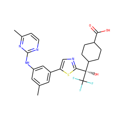 Cc1cc(Nc2nccc(C)n2)cc(-c2cnc([C@@](O)(C3CCC(C(=O)O)CC3)C(F)(F)F)s2)c1 ZINC000144192204