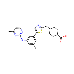 Cc1cc(Nc2nccc(C)n2)cc(-c2cnc(CC3CCC(C(=O)O)CC3)s2)c1 ZINC000144284417