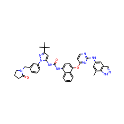 Cc1cc(Nc2nccc(Oc3ccc(NC(=O)Nc4cc(C(C)(C)C)nn4-c4cccc(CN5CCCC5=O)c4)c4ccccc34)n2)cc2cn[nH]c12 ZINC000211087651