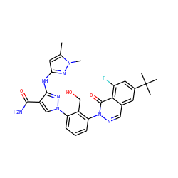 Cc1cc(Nc2nn(-c3cccc(-n4ncc5cc(C(C)(C)C)cc(F)c5c4=O)c3CO)cc2C(N)=O)nn1C ZINC000143470216