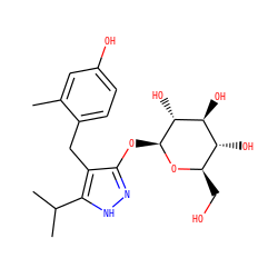 Cc1cc(O)ccc1Cc1c(O[C@@H]2O[C@H](CO)[C@@H](O)[C@H](O)[C@H]2O)n[nH]c1C(C)C ZINC000038838483