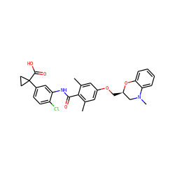 Cc1cc(OC[C@@H]2CN(C)c3ccccc3O2)cc(C)c1C(=O)Nc1cc(C2(C(=O)O)CC2)ccc1Cl ZINC000073196611