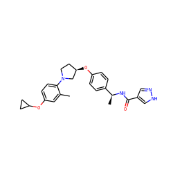 Cc1cc(OC2CC2)ccc1N1CC[C@@H](Oc2ccc([C@H](C)NC(=O)c3cn[nH]c3)cc2)C1 ZINC001772648937