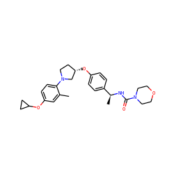 Cc1cc(OC2CC2)ccc1N1CC[C@H](Oc2ccc([C@H](C)NC(=O)N3CCOCC3)cc2)C1 ZINC001772643831