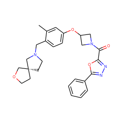 Cc1cc(OC2CN(C(=O)c3nnc(-c4ccccc4)o3)C2)ccc1CN1CC[C@@]2(CCOC2)C1 ZINC000169701426