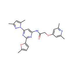 Cc1cc(OCC(=O)Nc2cc(-n3nc(C)cc3C)nc(-c3ccc(C)o3)n2)cc(C)n1 ZINC000029041710