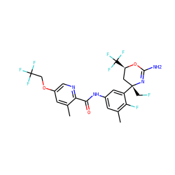 Cc1cc(OCC(F)(F)F)cnc1C(=O)Nc1cc(C)c(F)c([C@]2(CF)C[C@@H](C(F)(F)F)OC(N)=N2)c1 ZINC000223539600