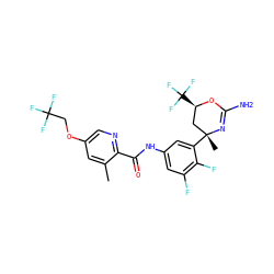 Cc1cc(OCC(F)(F)F)cnc1C(=O)Nc1cc(F)c(F)c([C@]2(C)C[C@@H](C(F)(F)F)OC(N)=N2)c1 ZINC000223551215