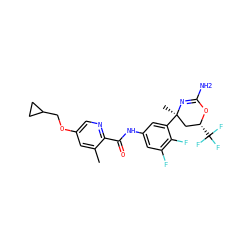 Cc1cc(OCC2CC2)cnc1C(=O)Nc1cc(F)c(F)c([C@]2(C)C[C@@H](C(F)(F)F)OC(N)=N2)c1 ZINC000223535546