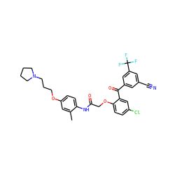 Cc1cc(OCCCN2CCCC2)ccc1NC(=O)COc1ccc(Cl)cc1C(=O)c1cc(C#N)cc(C(F)(F)F)c1 ZINC000049605019