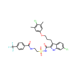 Cc1cc(OCCCc2c(C(=O)NS(=O)(=O)CCNC(=O)c3ccc(C(F)(F)F)cc3)[nH]c3cc(Cl)ccc23)cc(C)c1Cl ZINC000222701594