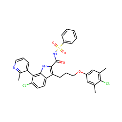 Cc1cc(OCCCc2c(C(=O)NS(=O)(=O)c3ccccc3)[nH]c3c(-c4cccnc4C)c(Cl)ccc23)cc(C)c1Cl ZINC000653721728