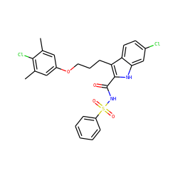 Cc1cc(OCCCc2c(C(=O)NS(=O)(=O)c3ccccc3)[nH]c3cc(Cl)ccc23)cc(C)c1Cl ZINC000653718517