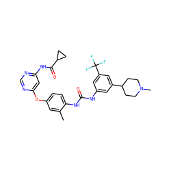 Cc1cc(Oc2cc(NC(=O)C3CC3)ncn2)ccc1NC(=O)Nc1cc(C2CCN(C)CC2)cc(C(F)(F)F)c1 ZINC001772620869