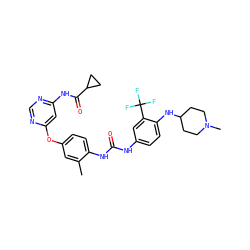 Cc1cc(Oc2cc(NC(=O)C3CC3)ncn2)ccc1NC(=O)Nc1ccc(NC2CCN(C)CC2)c(C(F)(F)F)c1 ZINC001772618923