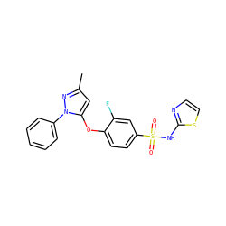 Cc1cc(Oc2ccc(S(=O)(=O)Nc3nccs3)cc2F)n(-c2ccccc2)n1 ZINC000095582748