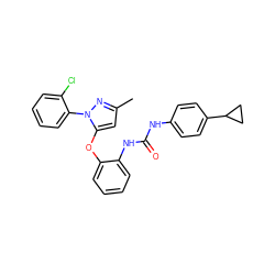 Cc1cc(Oc2ccccc2NC(=O)Nc2ccc(C3CC3)cc2)n(-c2ccccc2Cl)n1 ZINC000029045101