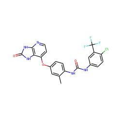 Cc1cc(Oc2ccnc3[nH]c(=O)[nH]c23)ccc1NC(=O)Nc1ccc(Cl)c(C(F)(F)F)c1 ZINC000040424866