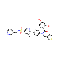 Cc1cc(S(=O)(=O)NCc2cccnc2)cnc1-c1ccc(N(Cc2ccsc2)C(=O)c2ccc(O)cc2O)cc1 ZINC000653671252