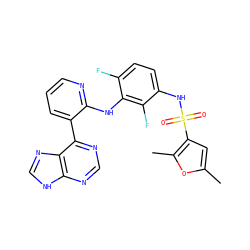 Cc1cc(S(=O)(=O)Nc2ccc(F)c(Nc3ncccc3-c3ncnc4[nH]cnc34)c2F)c(C)o1 ZINC000166375558