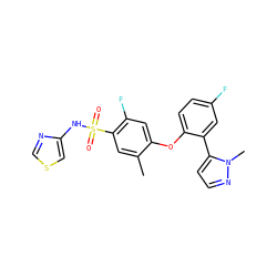 Cc1cc(S(=O)(=O)Nc2cscn2)c(F)cc1Oc1ccc(F)cc1-c1ccnn1C ZINC000095582472