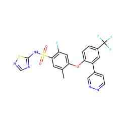 Cc1cc(S(=O)(=O)Nc2ncns2)c(F)cc1Oc1ccc(C(F)(F)F)cc1-c1ccnnc1 ZINC000095585744