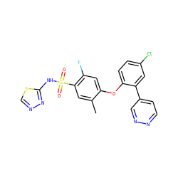 Cc1cc(S(=O)(=O)Nc2nncs2)c(F)cc1Oc1ccc(Cl)cc1-c1ccnnc1 ZINC000095581484
