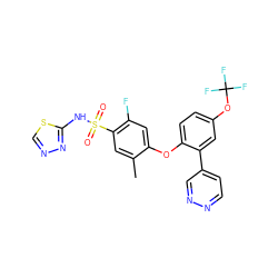 Cc1cc(S(=O)(=O)Nc2nncs2)c(F)cc1Oc1ccc(OC(F)(F)F)cc1-c1ccnnc1 ZINC000095580923