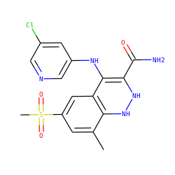 Cc1cc(S(C)(=O)=O)cc2c1NNC(C(N)=O)=C2Nc1cncc(Cl)c1 ZINC000045352535