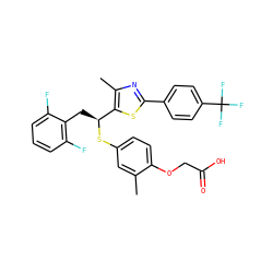 Cc1cc(S[C@@H](Cc2c(F)cccc2F)c2sc(-c3ccc(C(F)(F)F)cc3)nc2C)ccc1OCC(=O)O ZINC000084653921