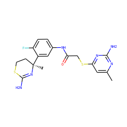 Cc1cc(SCC(=O)Nc2ccc(F)c([C@]3(C)CCSC(N)=N3)c2)nc(N)n1 ZINC000146108151