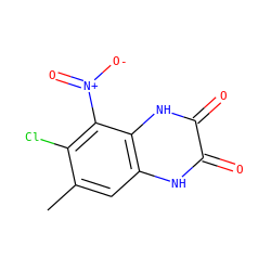 Cc1cc2[nH]c(=O)c(=O)[nH]c2c([N+](=O)[O-])c1Cl ZINC000013761202