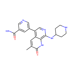 Cc1cc2c(-c3cncc(C(N)=O)c3)cnc(NC3CCNCC3)c2[nH]c1=O ZINC000473124668