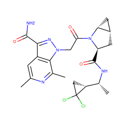 Cc1cc2c(C(N)=O)nn(CC(=O)N3[C@H](C(=O)N[C@H](C)[C@H]4CC4(Cl)Cl)C[C@H]4C[C@H]43)c2c(C)n1 ZINC000210876826