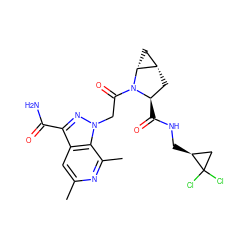 Cc1cc2c(C(N)=O)nn(CC(=O)N3[C@H](C(=O)NC[C@H]4CC4(Cl)Cl)C[C@H]4C[C@H]43)c2c(C)n1 ZINC000217730443