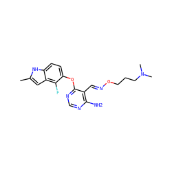 Cc1cc2c(F)c(Oc3ncnc(N)c3/C=N/OCCCN(C)C)ccc2[nH]1 ZINC000014949822