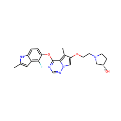Cc1cc2c(F)c(Oc3ncnn4cc(OCCN5CC[C@H](O)C5)c(C)c34)ccc2[nH]1 ZINC000013684252